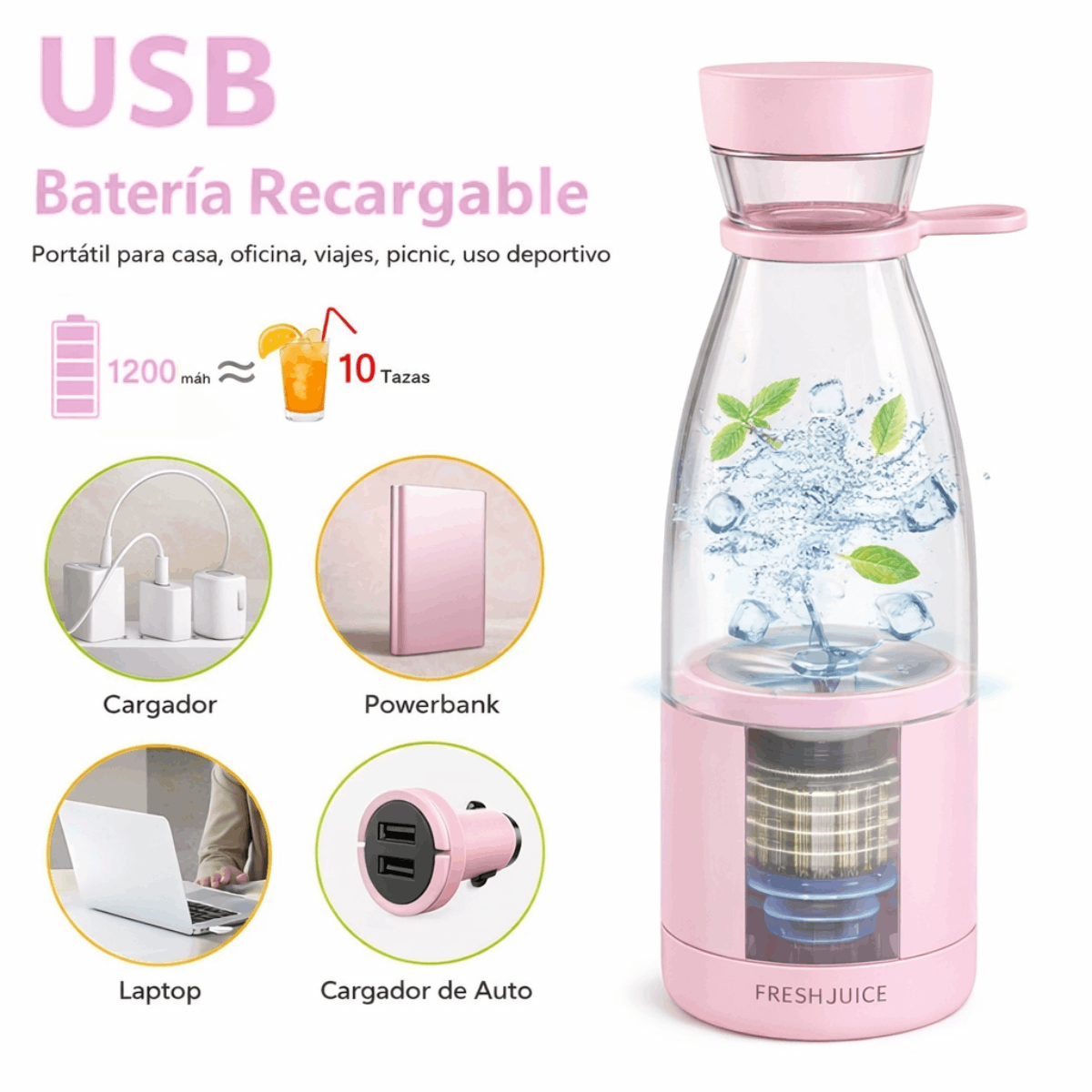 Mini Licuadora Portátil Recargable 380ml Rosa
